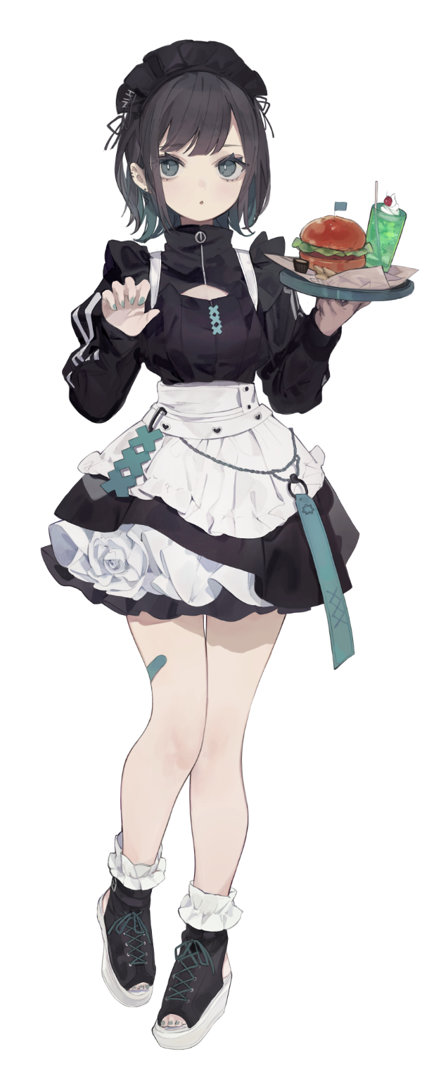 1girl, apron, aqua_hair, aqua_nails, bandaid, bandaid_on_leg, black_eyes, black_hair