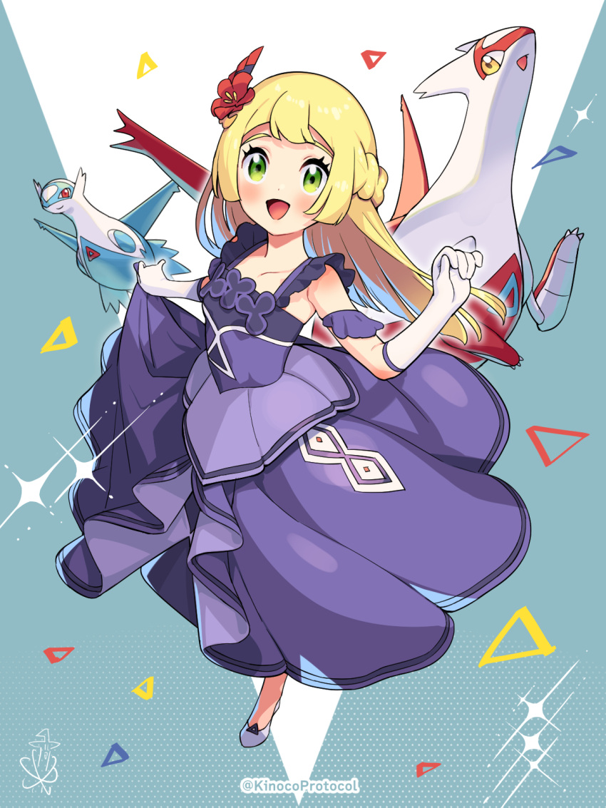 1girl, :d, blonde_hair, blush, braid, collarbone, commentary_request, cosplay, dress, eyelashes, flower, gloves, green_eyes, hair_flower, hair_ornament, happy, highres, kinocopro, latias, latios, lillie_(pokemon), long_hair, looking_at_viewer, may_(anniversary_2022)_(pokemon), may_(pokemon), may_(pokemon)_(cosplay), open_mouth, pokemon, pokemon_(creature), pokemon_(game), pokemon_masters_ex, pokemon_sm, purple_dress, red_flower, shoes, smile, tongue, twitter_username, watermark, white_gloves