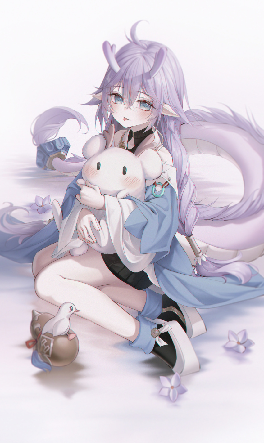 1girl, :p, absurdres, ahoge, amaroku_neko, bailu_(honkai:_star_rail), bird, black_skirt
