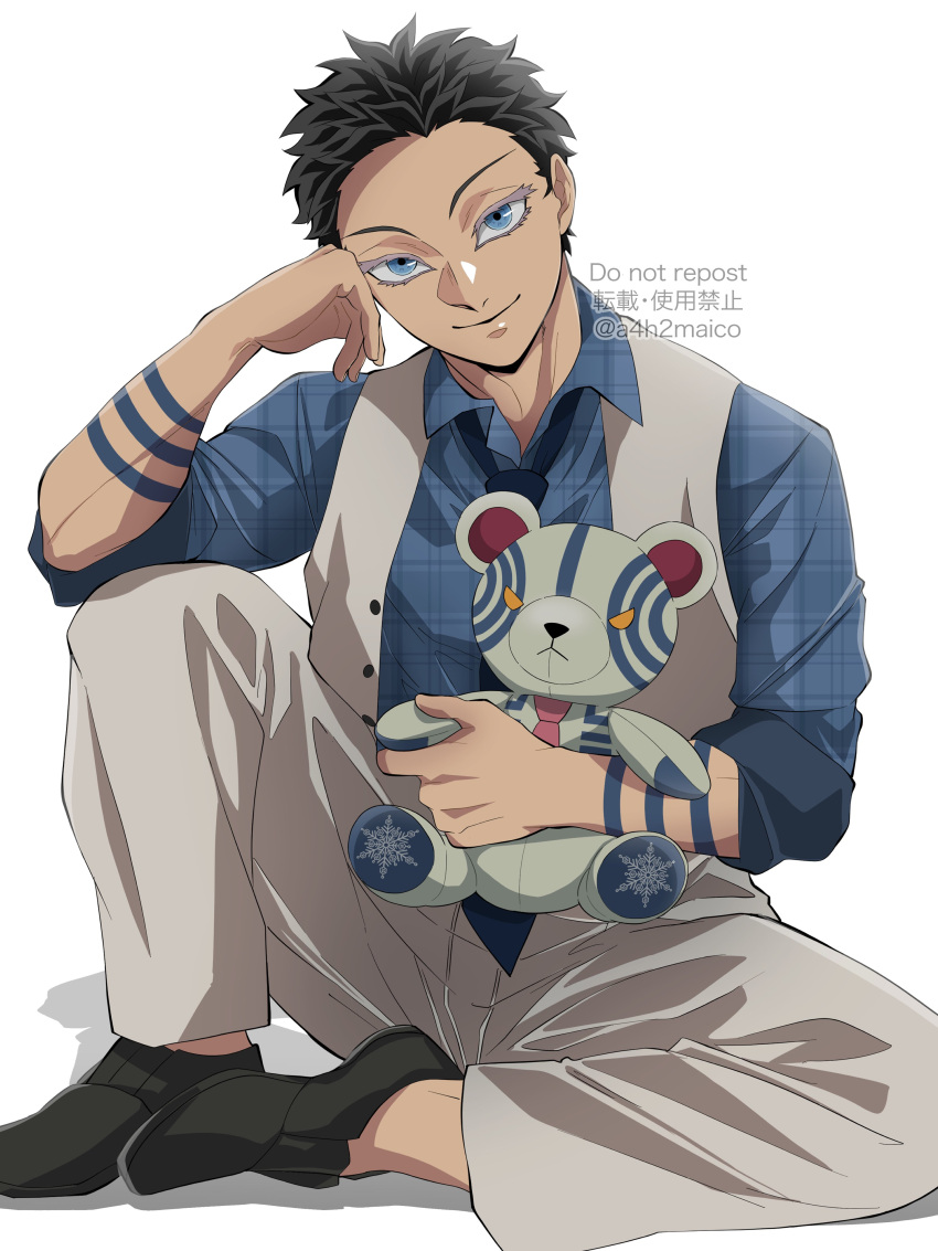 1boy, a4h2maico, absurdres, akaza_(kimetsu_no_yaiba), black_footwear, black_hair, blue_eyes, blue_shirt