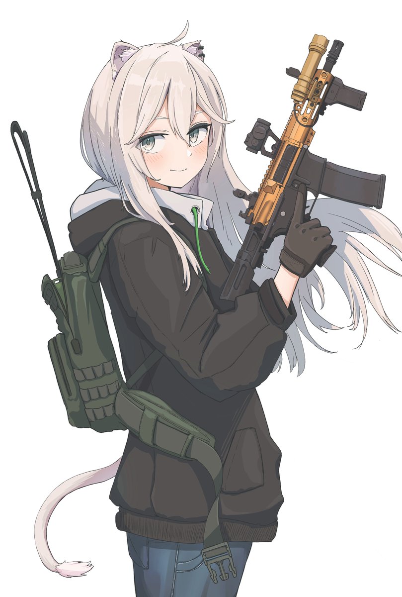 1girl, ahoge, animal_ear_fluff, animal_ears, ar-15, black_jacket, blue_pants, blush
