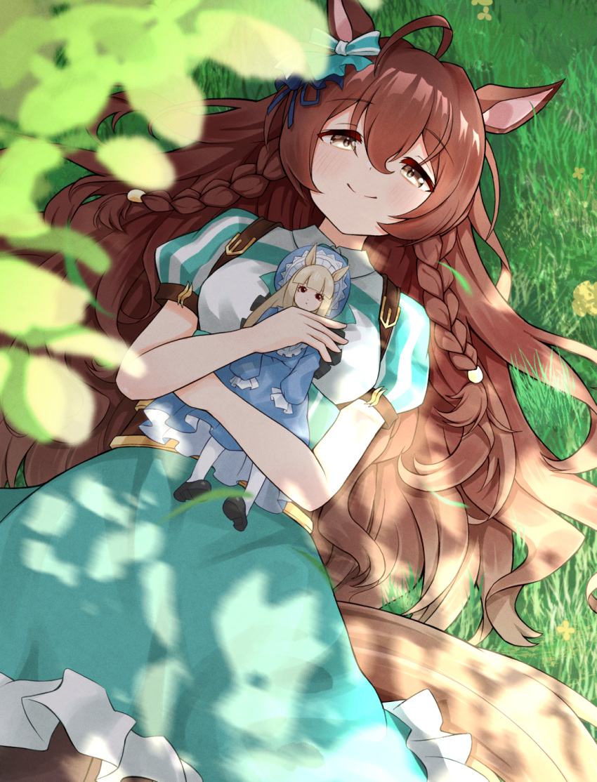 1girl, animal_ears, blue_skirt, blurry, blurry_foreground, blush, braid, breasts