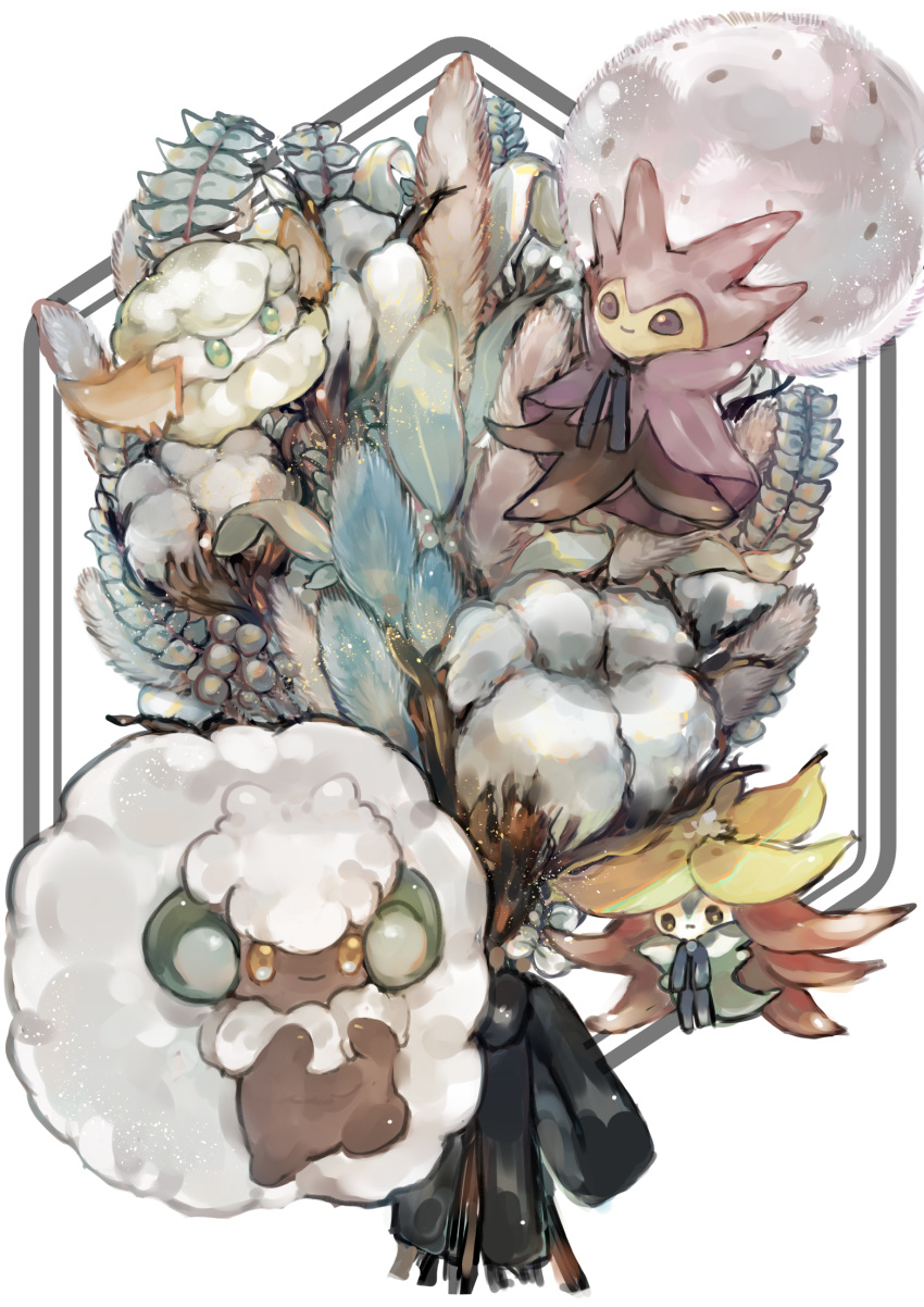 alternate_color, big_hair, black_ribbon, blue_flower, blue_ribbon, closed_mouth, commentary_request, cotton_(plant)