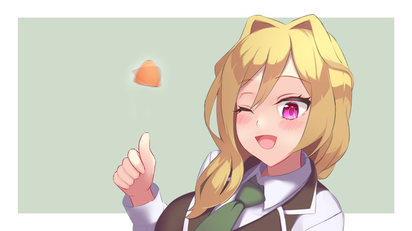 1girl, ;d, afterimage, assault_lily, black_vest, blonde_hair, blush, border