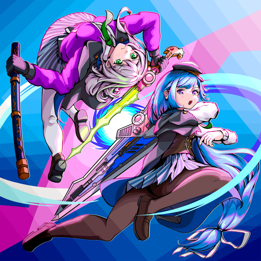2girls, assault_lily, black_cape, black_gloves, black_headwear, black_skirt, blue_background, blue_cape, blue_hair, breasts, brown_footwear, brown_pantyhose, brown_vest, buttons, cape, closed_mouth, collared_shirt, commentary_request, emblem, floating_hair, full_body, gloves, gradient_background, green_eyes, green_necktie, grey_hair, grey_skirt, hair_ribbon, hands_up, hat, hidai_miyazu, highres, holding, holding_sheath, holding_sword, holding_weapon, leaning_back, long_hair, long_sleeves, looking_at_viewer, low-tied_long_hair, medium_breasts, midair, miniskirt, multiple_girls, necktie, nifu_(nixets), open_mouth, outstretched_leg, pantyhose, peaked_cap, pink_background, pleated_skirt, purple_card, ribbon, scabbard, school_uniform, sheath, shirt, shoe_soles, skirt, striped, striped_skirt, sword, sword_behind_back, teeth, tilted_headwear, two-sided_cape, two-sided_fabric, two-tone_skirt, upper_teeth_only, upside-down, v-shaped_eyebrows, vertical-striped_skirt, vertical_stripes, very_long_hair, vest, violet_eyes, weapon, white_pantyhose, white_ribbon, white_shirt, yoshii_kasumiko