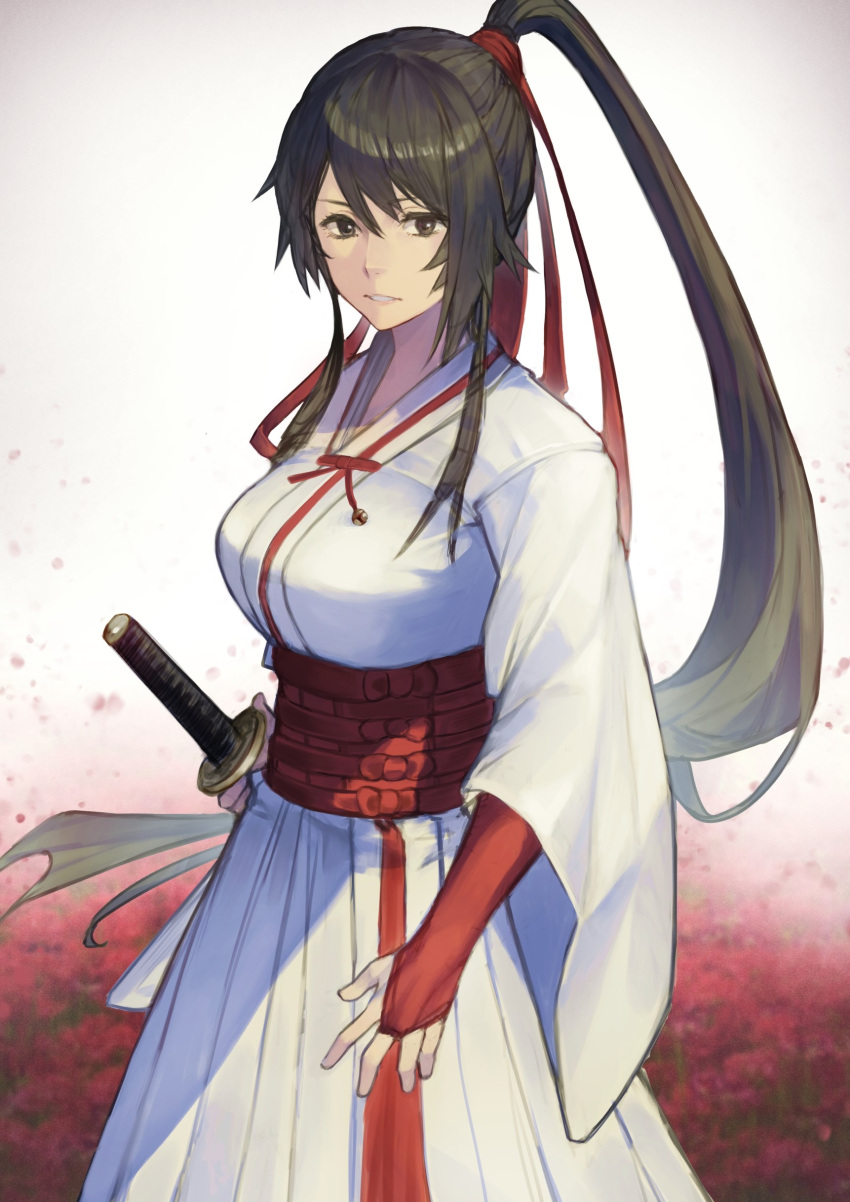 1girl, absurdres, black_hair, bridal_gauntlets, hair_ribbon, high_ponytail, highres, jigokuraku, katana, long_hair, looking_at_viewer, mugicha_(pixiv_32045867), obi, red_ribbon, ribbon, ribbon-trimmed_bow, robe, sash, solo, sword, weapon, white_robe, yamada_asaemon_sagiri