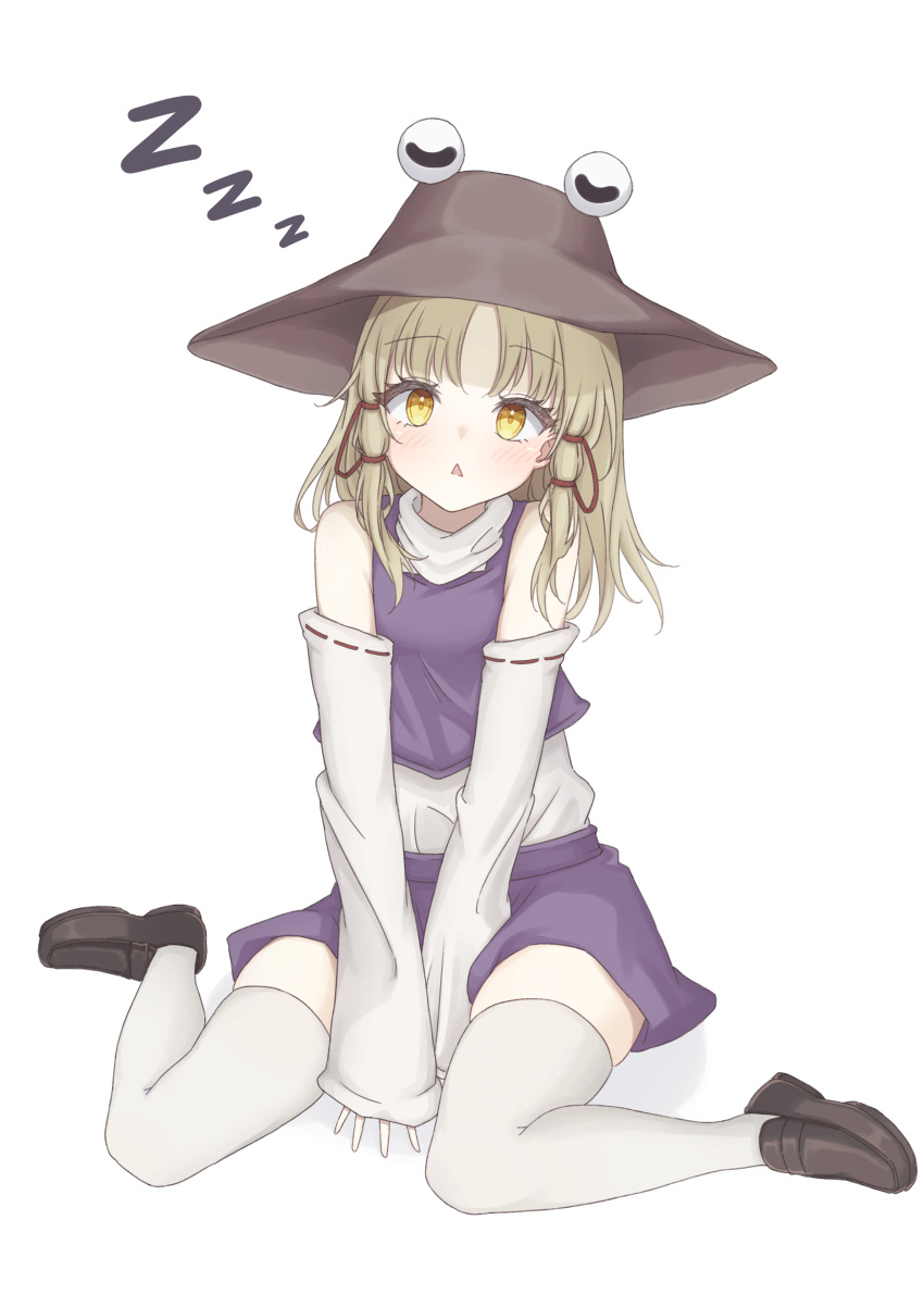 1girl, absurdres, black_footwear, blonde_hair, brown_headwear, commentary_request, detached_sleeves, full_body