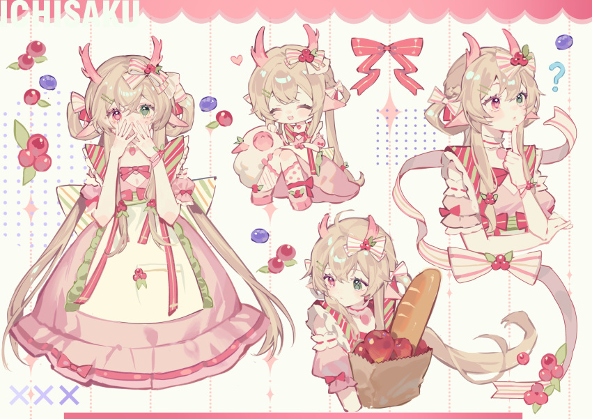 1girl, ?, absurdres, apple, apron, blonde_hair, bread, copyright_request, dress, food, fruit, green_eyes, hair_rings, hand_on_own_chin, heterochromia, highres, ichisaku, jewelry, long_hair, multiple_views, necklace, pink_dress, pink_eyes, pointy_ears, twintails