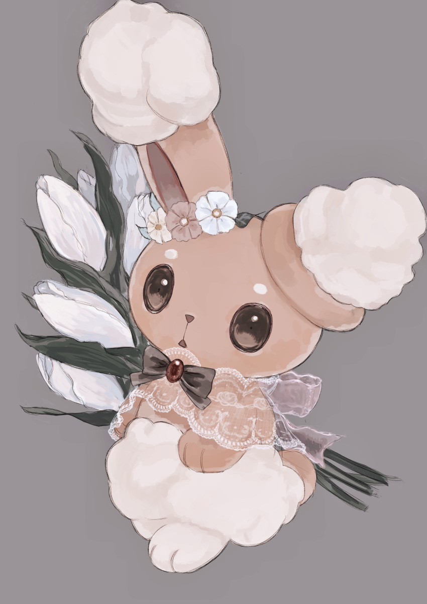 1other, absurdres, animal_ear_fluff, animal_ears, animal_feet, animal_hands, animal_nose, black_bow, black_bowtie, body_fur, bow, bowtie, brooch, brown_eyes, brown_fur, buneary, commentary_request, flower, full_body, furry, gem, grey_background, highres, jewelry, looking_at_viewer, natsumekan, open_mouth, other_focus, partial_commentary, pokemon, pokemon_(creature), rabbit_ears, rabbit_tail, red_flower, red_gemstone, see-through, solo, standing, tail, two-tone_fur, white_flower, white_fur, yellow_flower