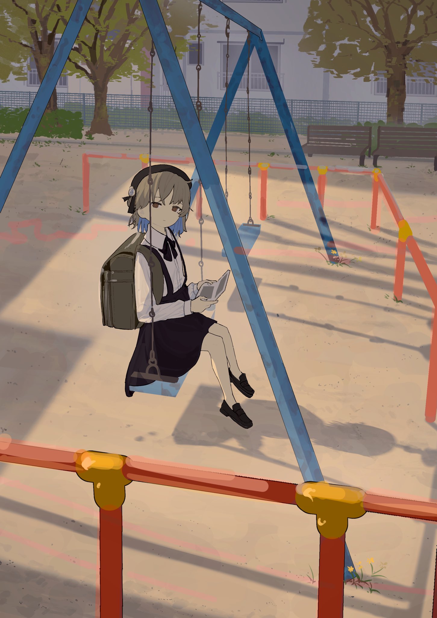 1girl, 38_(sanjuuhachi), backpack, bag, bench, beret, black_headwear, black_ribbon