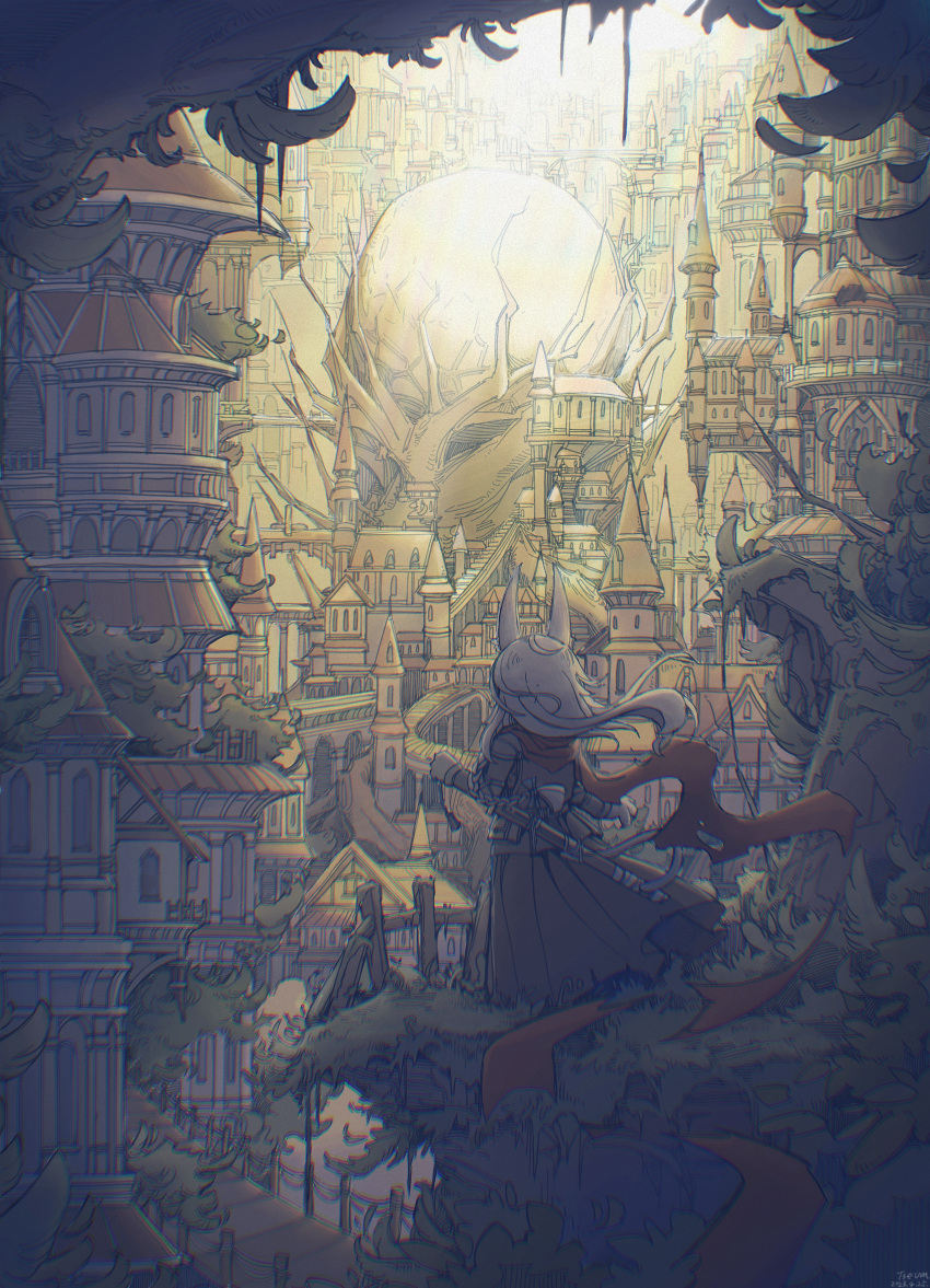 1girl, absurdres, animal_ears, architecture, bare_tree, black_shirt, black_skirt, building