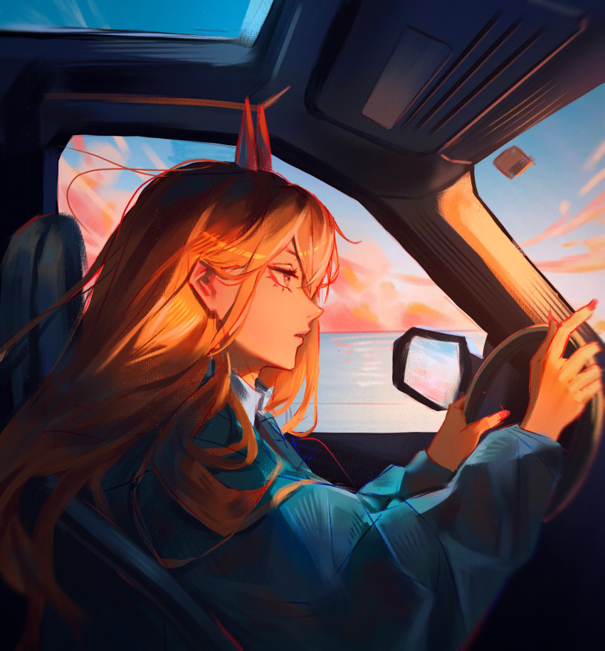 1girl, absurdres, blue_jacket, car, car_interior, chainsaw_man, clouds, cloudy_sky
