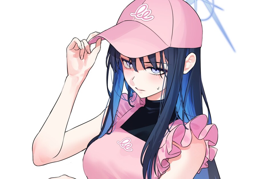 1girl, apron, bad_id, bad_twitter_id, baseball_cap, blue_archive, blue_eyes, blue_hair, blush, breasts, dark_blue_hair, halo, hand_up, hat, long_hair, mameojitan, no_mask, pink_apron, pink_headwear, portrait, saori_(blue_archive), shirt, simple_background, sleeveless, sleeveless_shirt, solo, upper_body, white_background