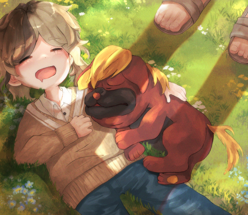 1boy, 1girl, absurdres, aged_down, arven_(pokemon), blonde_hair, closed_eyes, collared_shirt