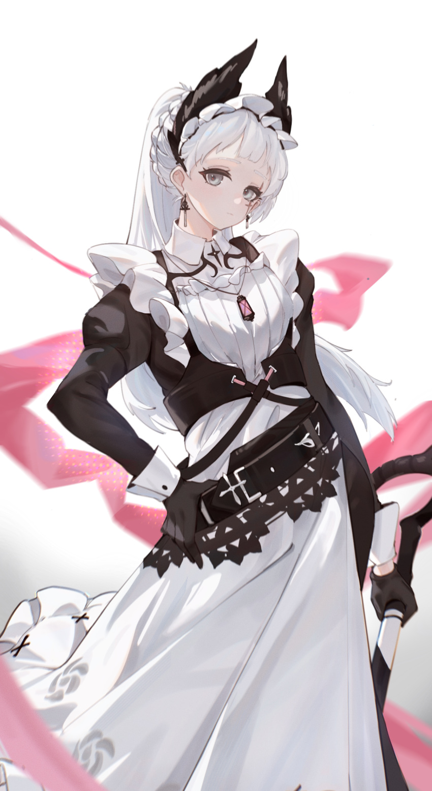 1girl, apron, arknights, black_dress, closed_mouth, dress, drone_(drone_37), earrings, feet_out_of_frame, grey_eyes, grey_hair, hand_on_own_hip, head_tilt, head_wings, highres, holding, holding_weapon, irene_(arknights), irene_(voyage_of_feathers)_(arknights), jewelry, juliet_sleeves, long_hair, long_sleeves, looking_at_viewer, maid, maid_headdress, necklace, official_alternate_costume, ponytail, puffy_sleeves, scar, scar_across_eye, scar_on_face, simple_background, solo, standing, very_long_hair, weapon, white_apron, white_background, wings
