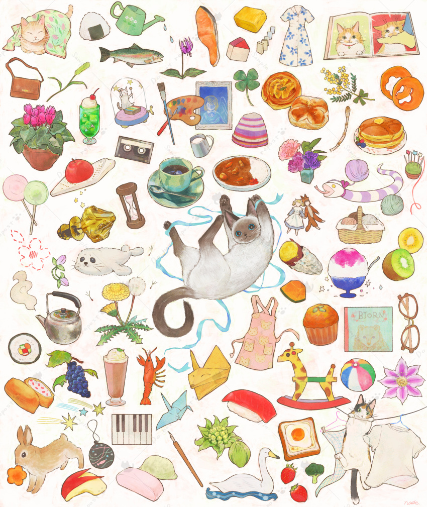 :<, :3, ^_^, absurdres, animal_print, apple, apple_rabbit, apron, artist_name, bag, ball, basket, bauble, beachball, beanie, bird, black_eyes, blanket, blue_eyes, blue_ribbon, blueberry, book, broccoli, brown-framed_eyewear, butter, buttons, candy, cantaloupe, carrot_slice, cassette_tape, cat, cattail, cd_case, cherry, closed_eyes, closed_mouth, clothes_hanger, clover, collared_dress, commentary_request, cross-section, cup, cupcake, curry, dandelion, dandelion_seed, doll, dress, drink, drinking_glass, duck, egg_(food), english_text, fish, fish_(food), floral_print, flower, foil, food, food_art, four-leaf_clover, fried_egg, frothing_jug, fruit, glasses, grapes, grater, green_eyes, handbag, hat, highres, hourglass, ice, ice_cream, ice_cream_float, ice_cube, inarizushi, instrument, kiwi_(fruit), leaf, lobster, lollipop, looking_at_viewer, makizushi, milk, mochi, mouse_print, mouth_hold, multicolored_clothes, multicolored_headwear, nade, nib_pen_(object), no_humans, omelet, onigiri, open_book, origami, original, paintbrush, painting_(object), palette_(object), pancake, pancake_stack, paper, paper_crane, pastry, pawpads, pen, piano_keys, pincushion, pink_apron, pink_flower, plant, plate, pocket, potted_plant, profile, purple_flower, rabbit, rainbow_trout, ribbon, rice, roasted_sweet_potato, rocking_horse, salmon, sample_watermark, saucer, seal_(animal), shaved_ice, shirt, short_sleeves, siamese_cat, signature, sitting, snake, sparkle, spoon, star_(symbol), steam, strawberry, striped, striped_headwear, sushi, sweet_potato, tamagoyaki, tea, teacup, teapot, toy_block, tulip, u_u, under_covers, vase, water, watering_can, watermark, white_background, white_dress, white_shirt, winding_key, xylophone, yarn, yarn_ball, yellow_flower