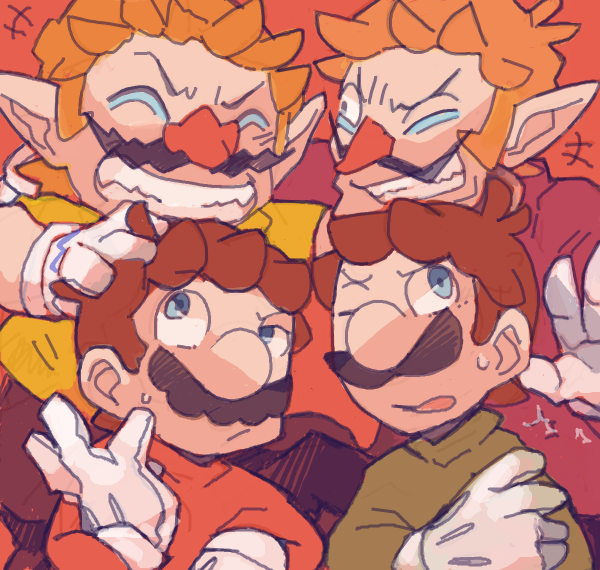 4boys, blue_eyes, brown_hair, closed_eyes, facial_hair, gloves, kayako_(bimabima), luigi
