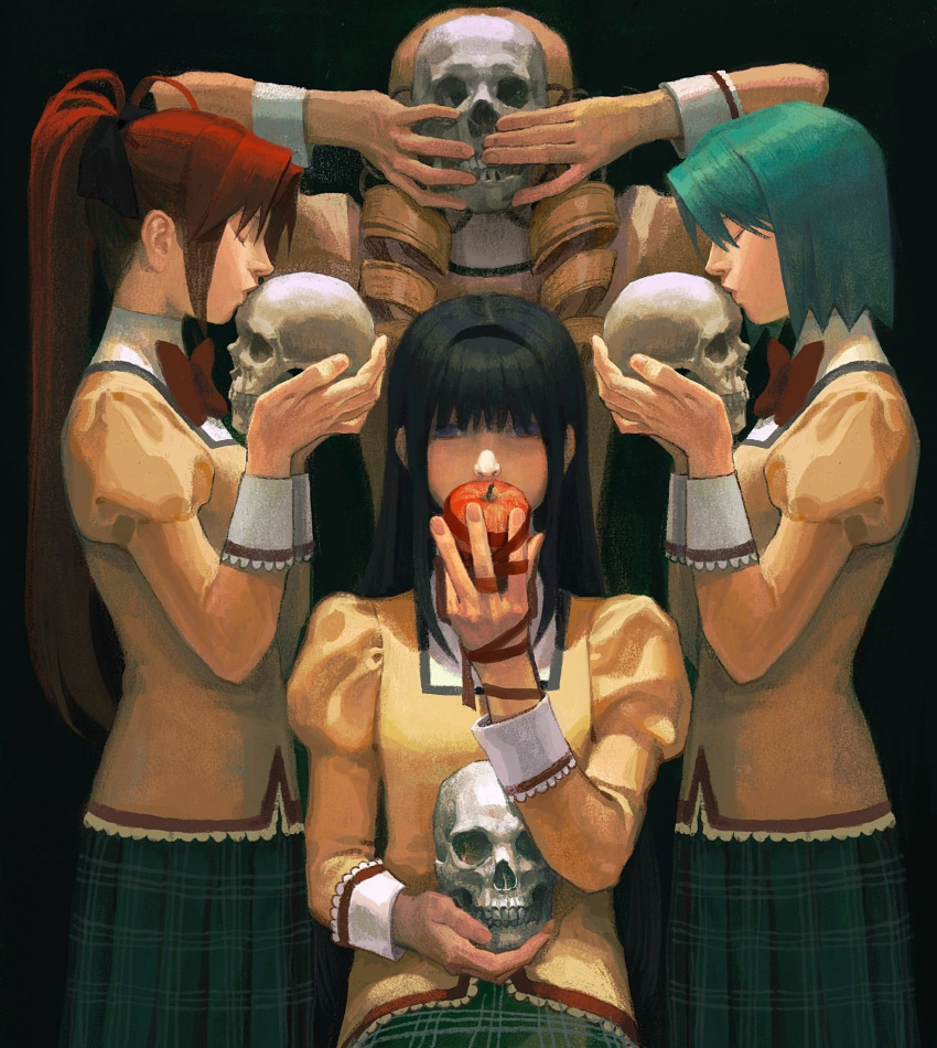 4girls, akemi_homura, apple, arms_behind_head, black_hair, black_ribbon, blonde_hair, blue_hair