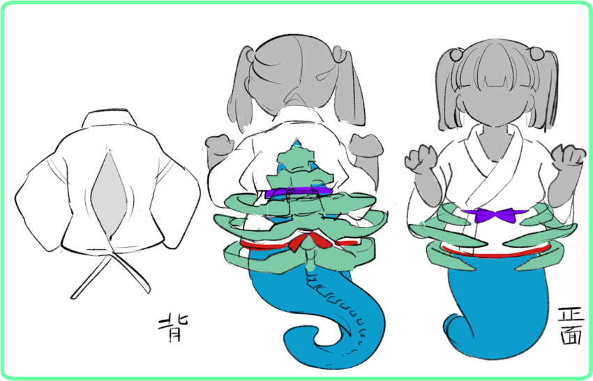 1girl, backless_kimono, backless_outfit, border, chamaruk, commentary_request, diagram, faceless