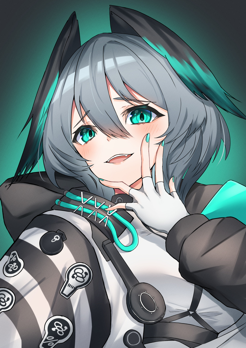 1girl, :d, absurdres, aqua_background, aqua_eyes, aqua_nails, arknights, blush