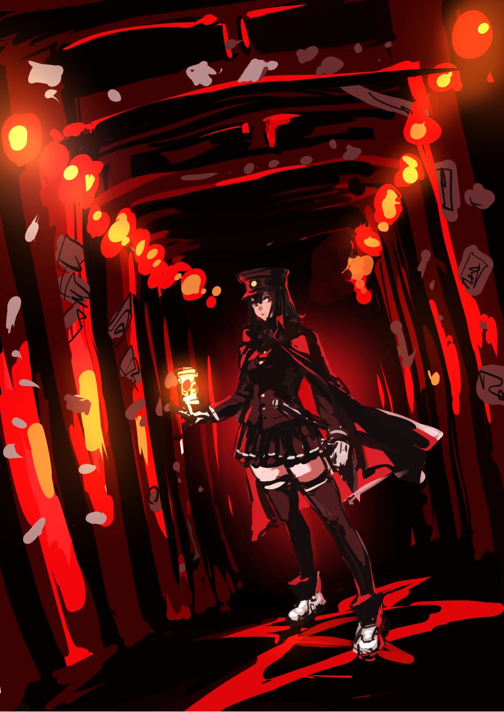 1girl, akitsu_maru_(kancolle), akitsu_maru_kai_(kancolle), black_cloak, black_hair, black_jacket, black_thighhighs, boots