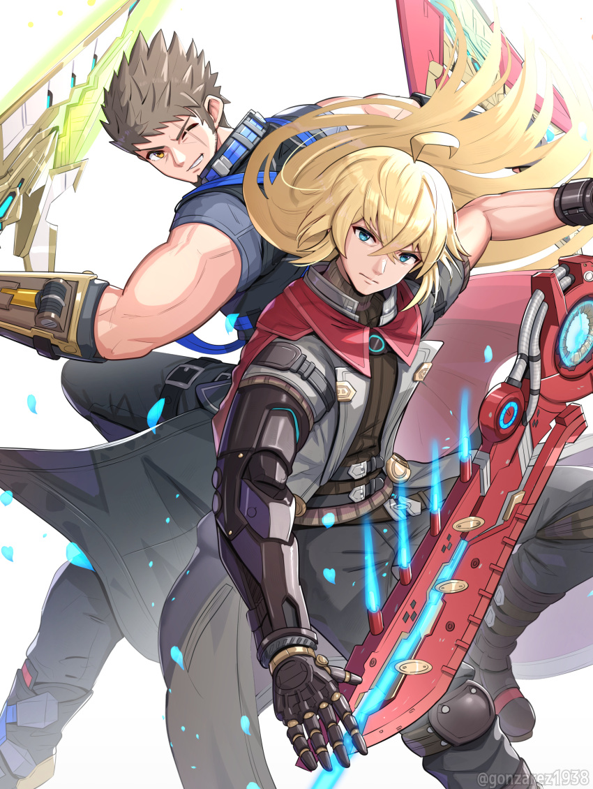 2boys, aegis_sword_(xenoblade), ahoge, back-to-back, blonde_hair, brown_hair, cape, coat, dual_wielding, foot_out_of_frame, gonzarez, green_eyes, hair_between_eyes, highres, holding, holding_sword, holding_weapon, long_hair, monado_rex, multiple_boys, muscular, muscular_male, prosthesis, prosthetic_arm, red_cape, rex_(xenoblade), scar, scar_across_eye, short_sleeves, shulk_(xenoblade), sword, weapon, xenoblade_chronicles_(series), xenoblade_chronicles_3, xenoblade_chronicles_3:_future_redeemed, yellow_eyes