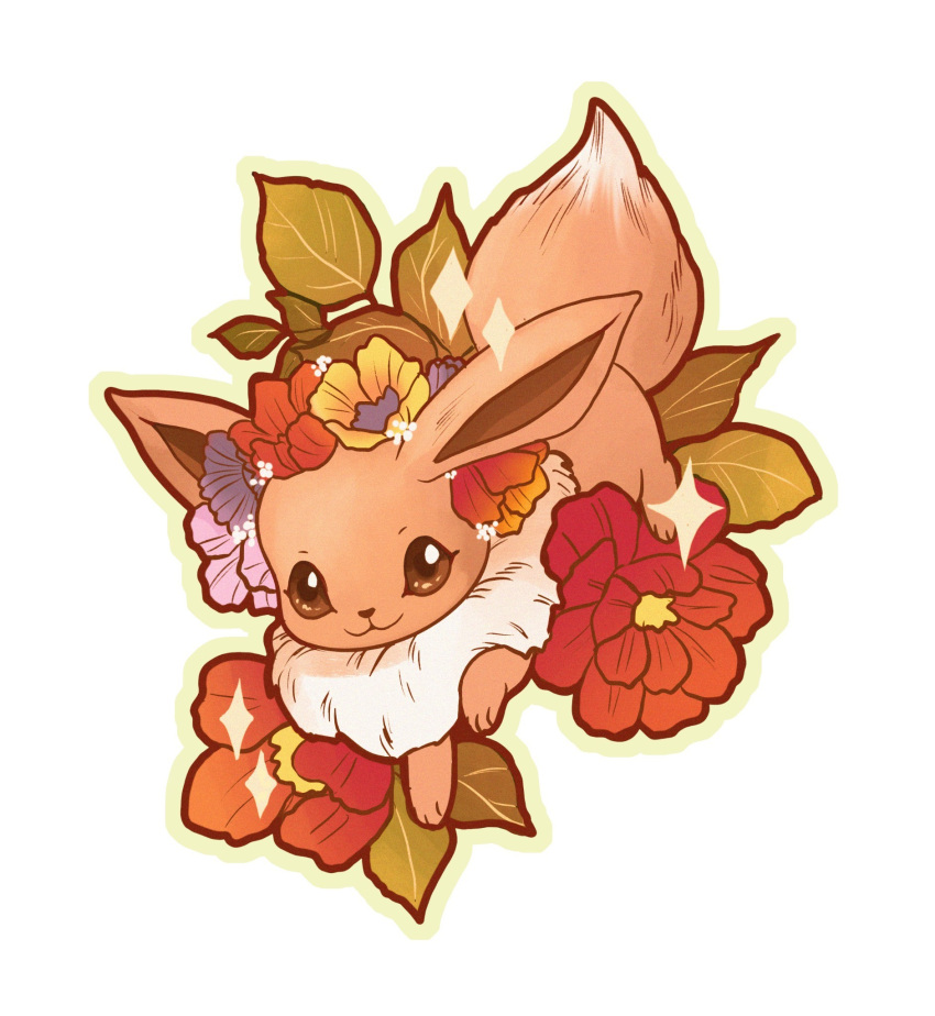 brown_eyes, eevee, flower, hannahartwork, head_wreath, highres, looking_at_viewer, no_humans