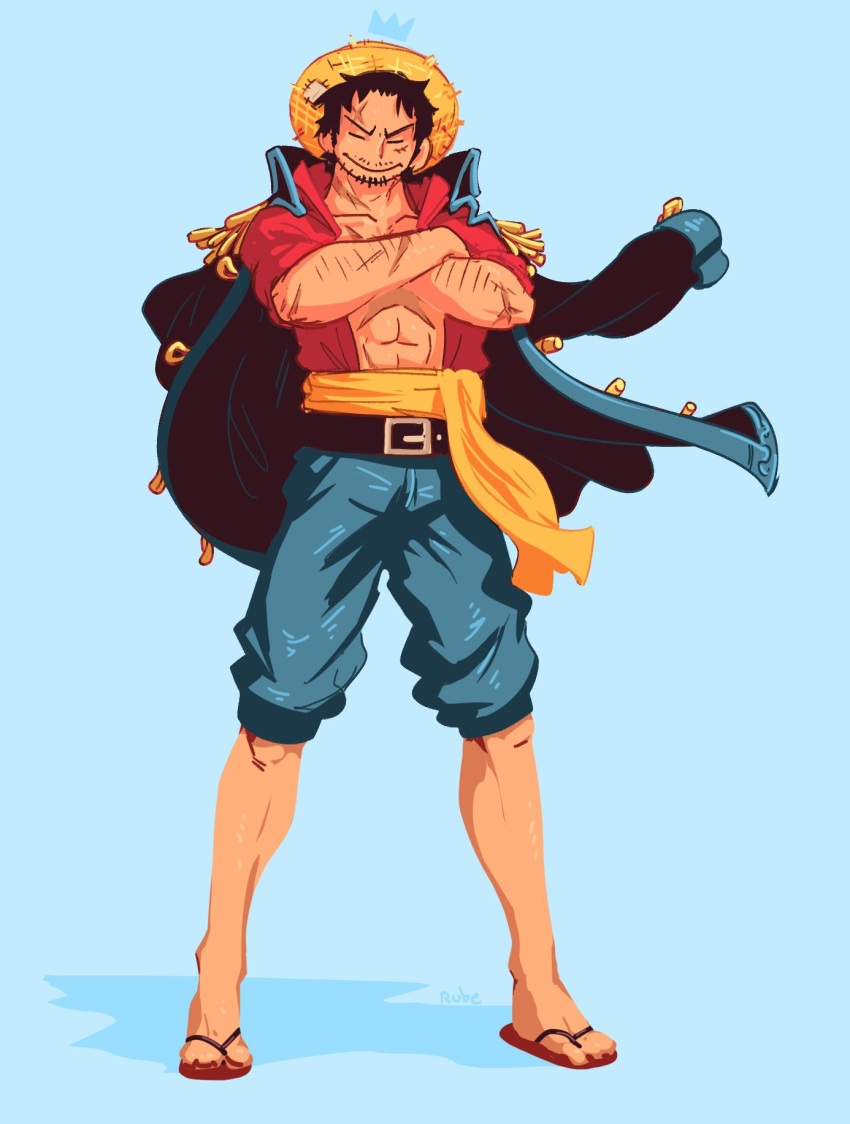 1boy, abs, aged_up, alternate_body_hair, alternate_facial_hair, arm_hair, belt, closed_eyes