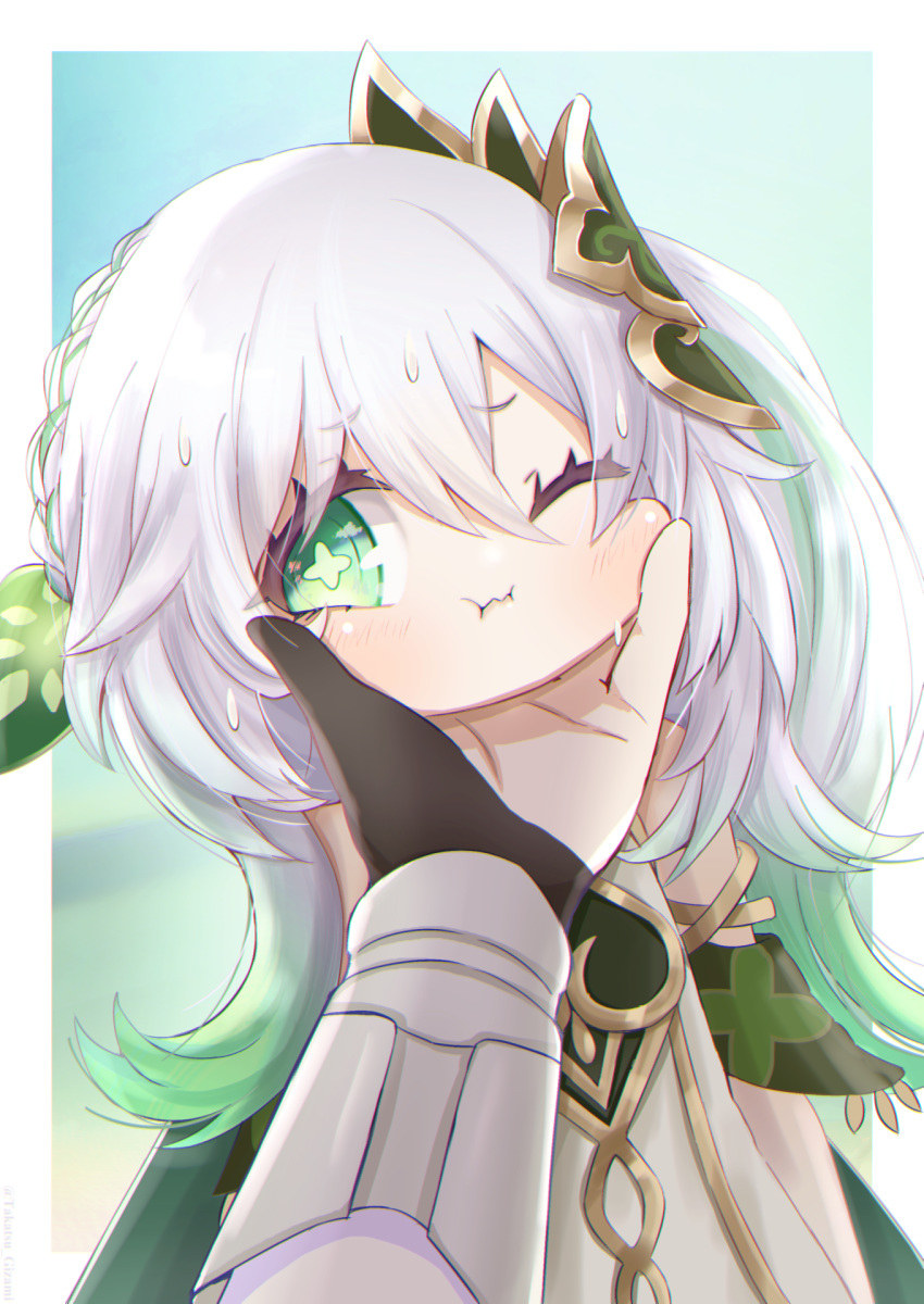 1girl, 1other, cape, character_request, cheek_squash, cross-shaped_pupils, dress, face_grab