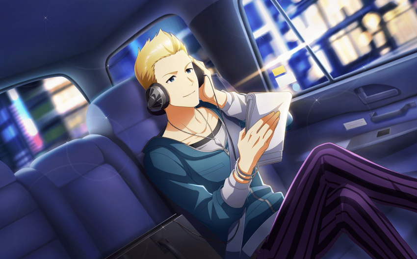 1boy, blonde_hair, blue_eyes, bracelet, car_interior, crossed_legs, fingernails, headphones