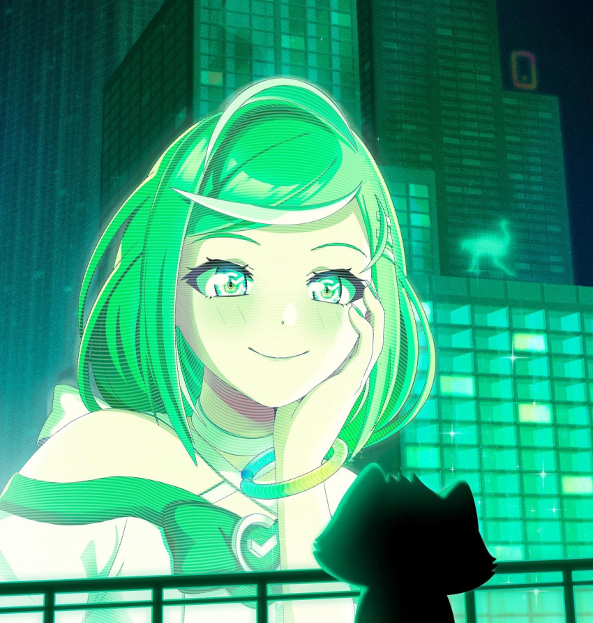 bare_shoulders, blush, bow, bracelet, cat, dress_bow, green_bow, green_eyes