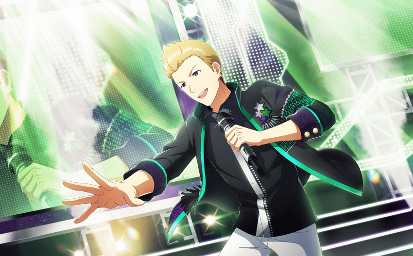 1boy, blonde_hair, blue_eyes, collared_shirt, highres, holding, holding_microphone, idolmaster