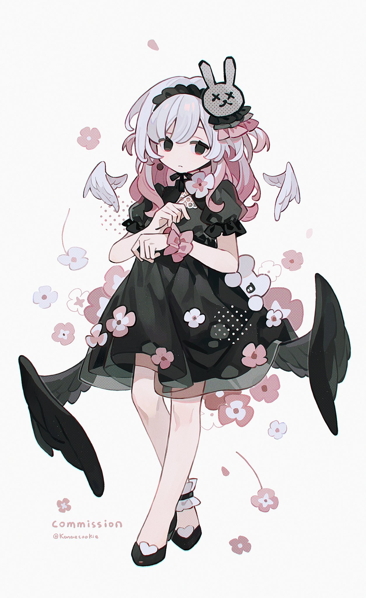 1girl, black_dress, black_footwear, black_wings, commission, detached_wings, dress, full_body, gradient_hair, grey_hair, hair_ornament, highres, kanae_(cookie), long_hair, low_wings, multicolored_hair, original, pink_hair, rabbit_hair_ornament, solo, white_wings, wings