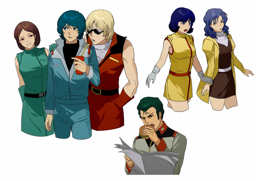 3boys, 3girls, belt, black_belt, black_shirt, blonde_hair, blue_eyes, blue_hair, blue_jumpsuit, bright_noa, brown_dress, brown_eyes, brown_hair, brown_jacket, burger, coat, cropped_legs, cropped_torso, cup, dress, eating, emma_sheen, erhuazi917, fa_yuiry, food, gloves, green_dress, green_hair, gundam, highres, holding, holding_cup, holding_food, holding_newspaper, jacket, jumpsuit, kamille_bidan, long_hair, medium_hair, military, military_uniform, multiple_boys, multiple_girls, newspaper, open_mouth, pants, parted_lips, quattro_vageena, red_gloves, red_jacket, red_pants, rosamia_badam, shirt, short_hair, simple_background, sleeveless, sleeveless_dress, sleeveless_jacket, smile, sunglasses, uniform, upper_body, white_background, white_gloves, white_shirt, yellow_coat, yellow_dress, zeta_gundam