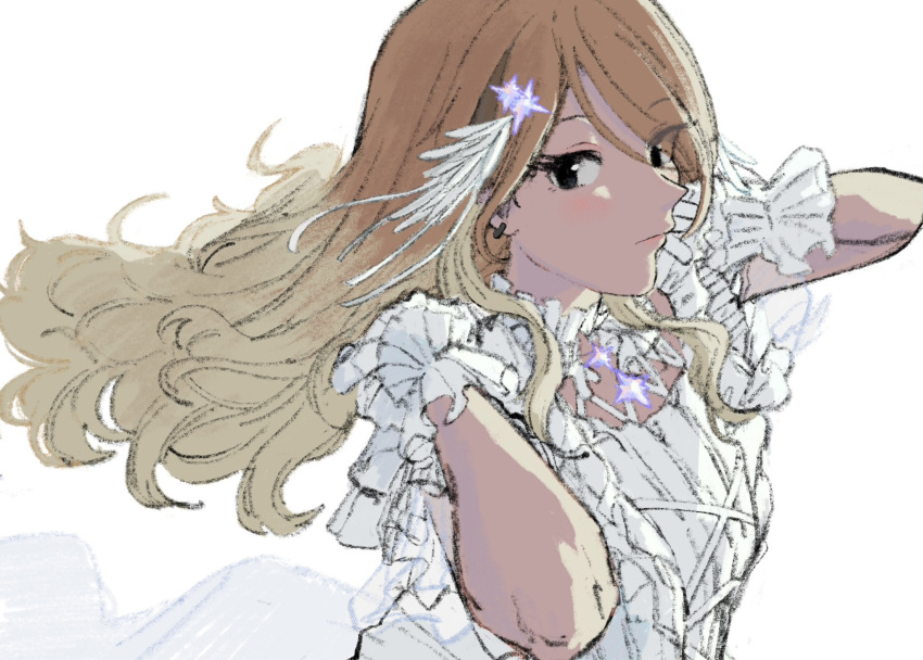 1girl, adjusting_hair, black_eyes, blonde_hair, blush, brown_hair, dark-skinned_female, dark_skin