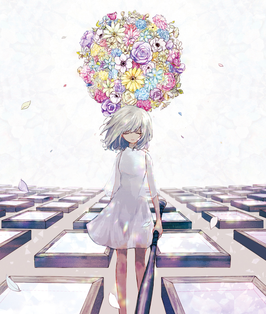 1girl, absurdres, baseball_bat, bouquet, closed_eyes, dress, facing_viewer, grey_hair