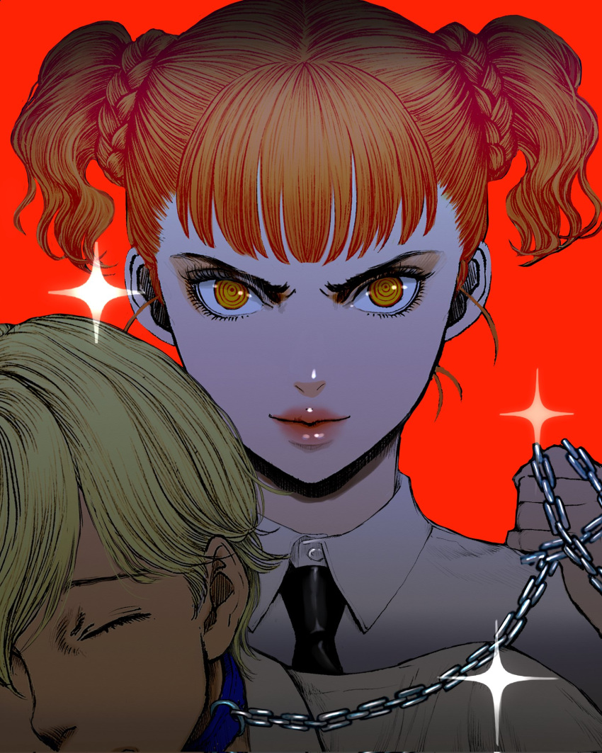 1boy, 1girl, @_@, berserk, black_necktie, blonde_hair, braid, brother_and_sister