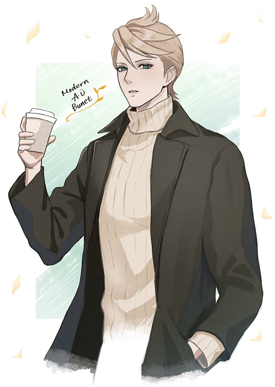 1boy, black_jacket, blonde_hair, blue_eyes, bunet_(fire_emblem), coffee_cup, cup, disposable_cup