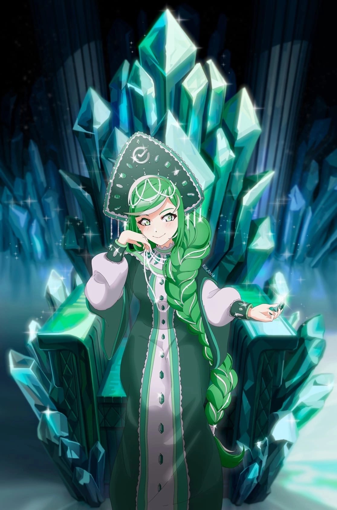 1girl, blush, braid, dress, gem, green_dress, green_eyes, green_gemstone
