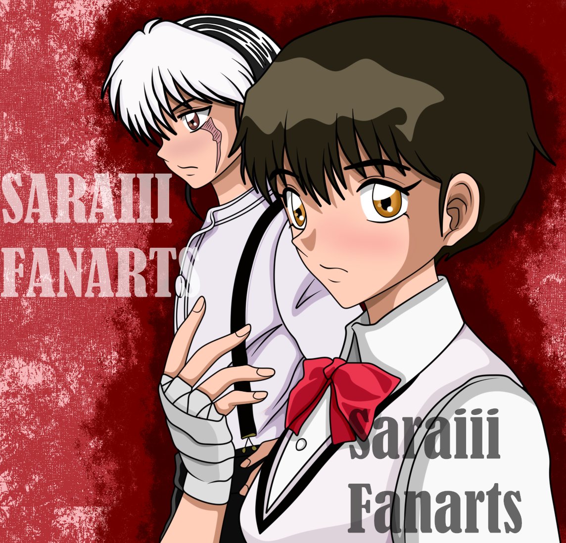 1boy, 1girl, black_and_white_hair, brown_hair, couple, light_brown_eyes, mao_(mao), mao_(takahashi_rumiko)