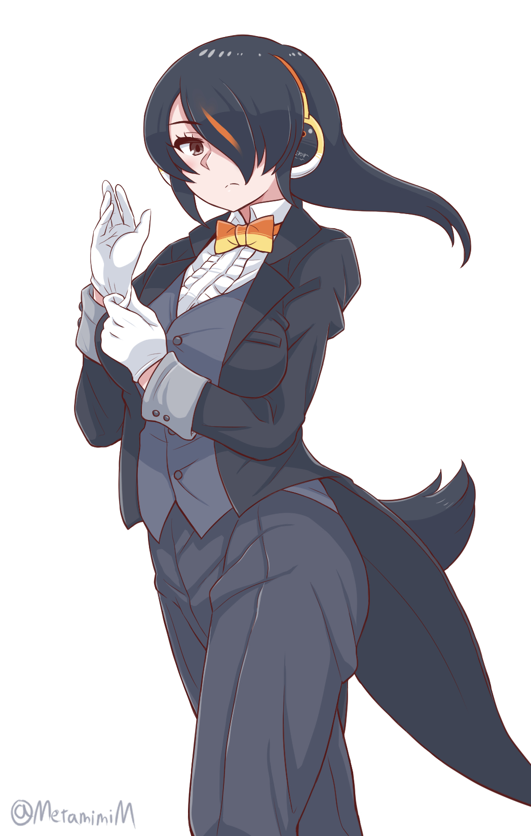 1girl, alternate_costume, black_hair, black_jacket, black_pants, bow, bowtie, brown_eyes