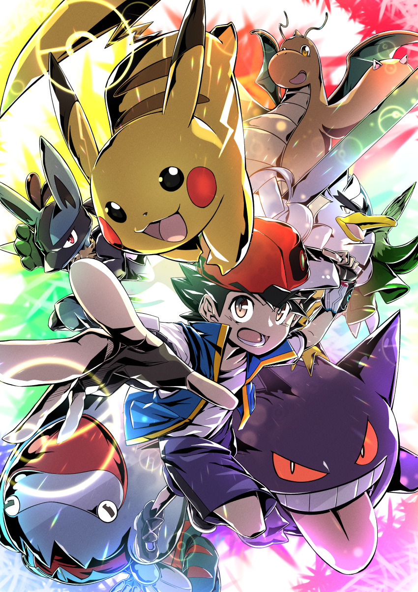 1boy, :3, :d, absurdres, ash_ketchum, baseball_cap, beak, bird