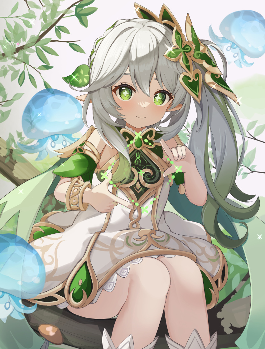 1girl, absurdres, bracelet, branch, child, cross-shaped_pupils, dress, finger_frame