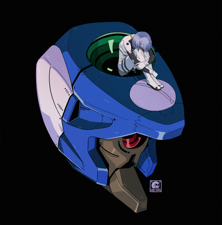 1990s_(style), ayanami_rei, black_background, blue_hair, eva_00, evangelion_(mecha), gloves, highres, machinery, mecha, meme, neon_genesis_evangelion, official_style, parody, plugsuit, retro_artstyle, robot, sad, sadamoto_yoshiyuki_(style), science_fiction, shinji_in_a_chair_(meme), signature, sitting, upper_body