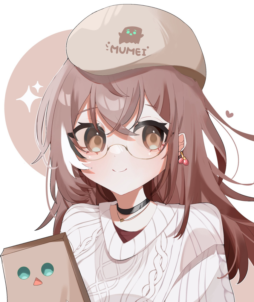 1girl, ahoge, beret, berry, black_choker, brown_eyes, brown_hair, character_name
