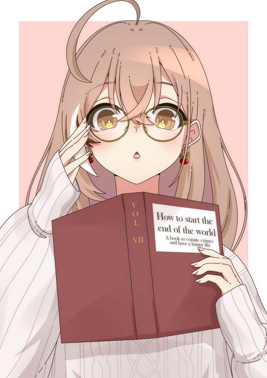 1girl, absurdres, adjusting_eyewear, ahoge, berry, black_choker, book, brown_eyes