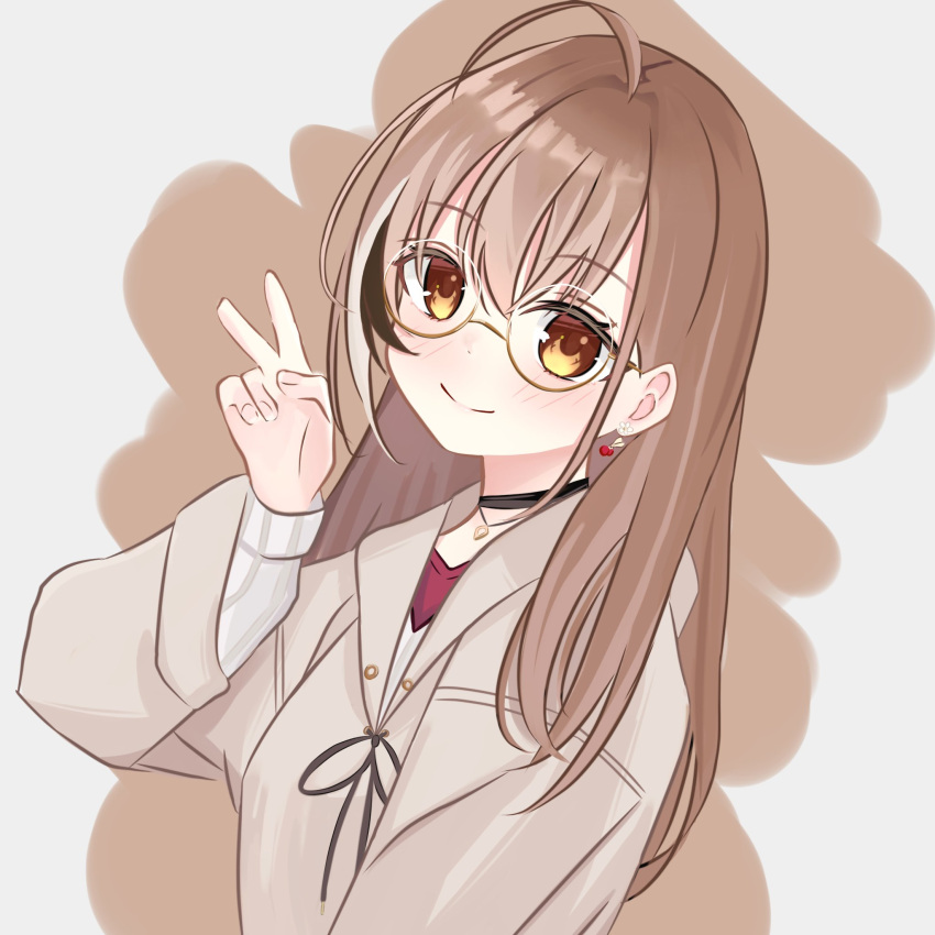 ahoge, berry, black_choker, brown_background, brown_eyes, brown_hair, brown_hoodie, choker