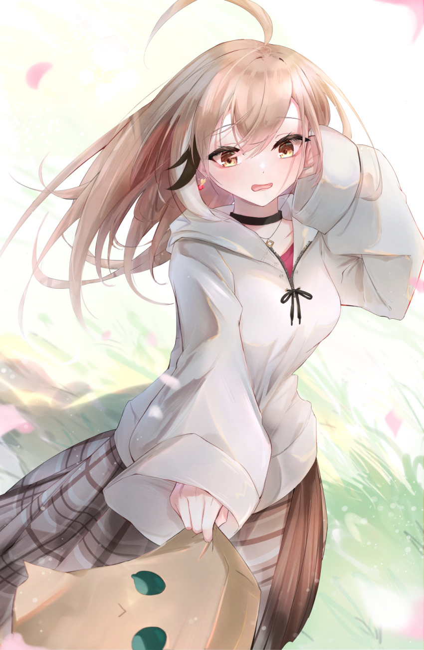 1girl, ahoge, berry, black_choker, brown_eyes, brown_hair, brown_hoodie, brown_skirt