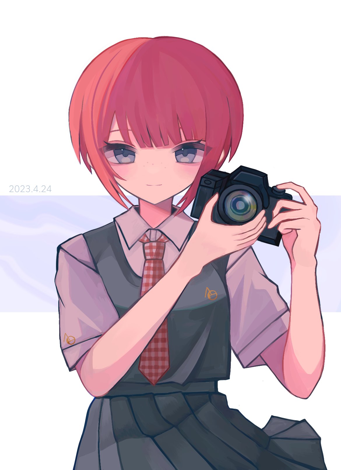 1girl, adjusting_camera, blue_background, blue_eyes, blunt_bangs, blush, breasts, camera, closed_mouth, commentary, cowboy_shot, danganronpa_(series), danganronpa_2:_goodbye_despair, dated, dress, dress_shirt, eyelashes, finger_on_trigger, freckles, green_dress, hands_up, highres, holding, holding_camera, koizumi_mahiru, komatta_nagito, light_smile, looking_at_viewer, medium_breasts, narrowed_eyes, necktie, outside_border, pinafore_dress, plaid, plaid_necktie, pleated_dress, red_necktie, redhead, school_uniform, shirt, short_hair, short_sleeves, sidelocks, sleeveless, sleeveless_dress, smile, solo, standing, two-tone_necktie, upper_body, very_short_hair, white_background, white_necktie, white_shirt, wind, wind_lift