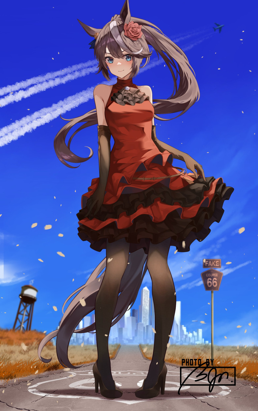 absurdres, animal_ears, blue_eyes, dress, elbow_gloves, gloves, hanahashi_bagara, high_heels